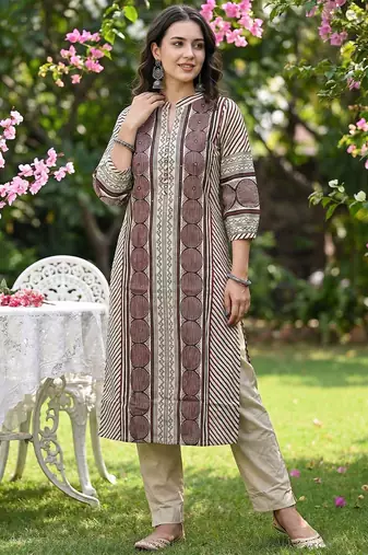 Women Printed Regular Mirror Work  Cotton Kurta with Trousers