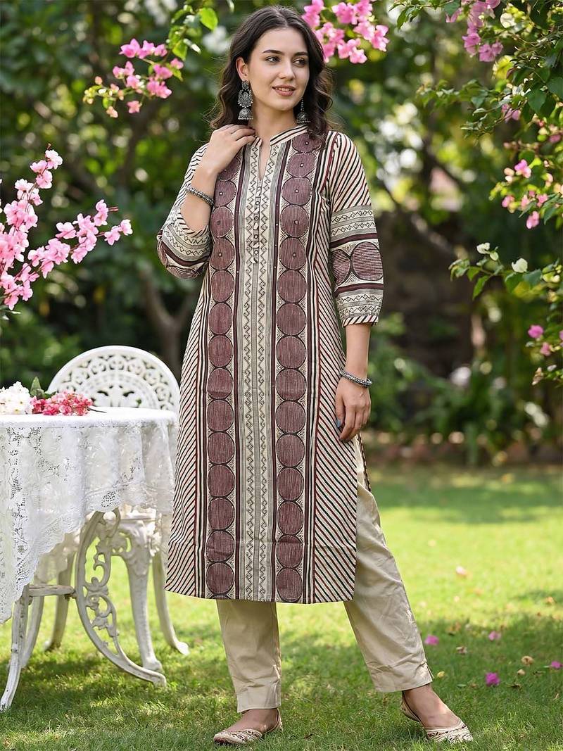 Women Printed Regular Mirror Work Pure Cotton Kurta with Trousers