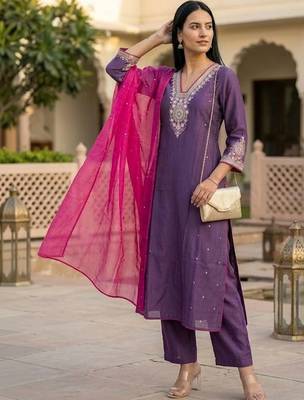Women Ethnic Motifs Embroidered Regular Kurta with Trousers & With Dupatta 1