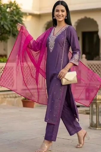 Women Ethnic Motifs Embroidered Regular Kurta with Trousers & With Dupatta