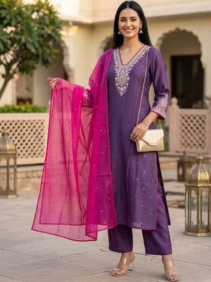 Women Ethnic Motifs Embroidered Regular Kurta with Trousers & With Dupatta 5