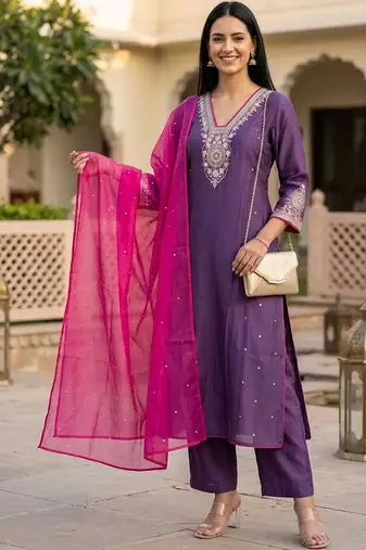 Women Ethnic Motifs Embroidered Regular Kurta with Trousers & With Dupatta