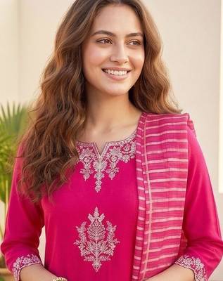 Women Ethnic Motifs Embroidered Regular Thread Work Kurta with Trousers & With Dupatta 2