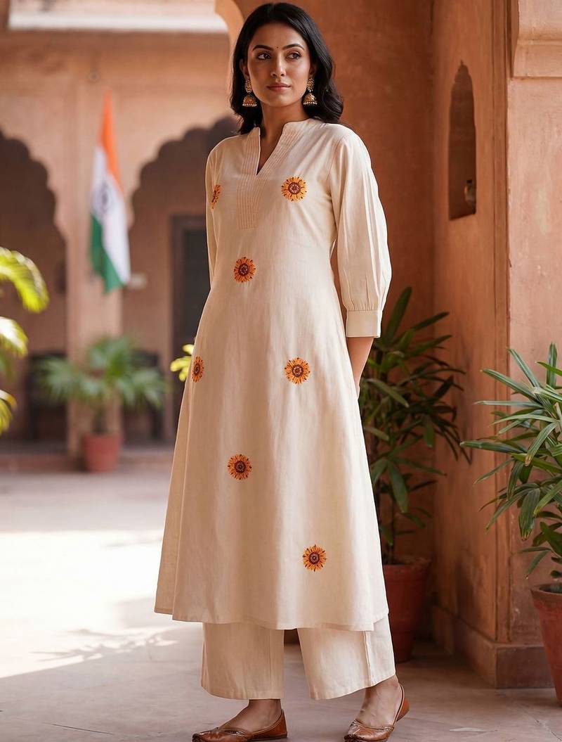 Women Floral Embroidered Regular Thread Work Pure Cotton Kurta with Palazzos