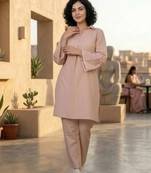 Peach-Coloured Floral Embroidered Shirt Collar Thread Work Kurta With Trousers