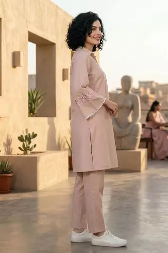 Peach-Coloured Floral Embroidered Shirt Collar Thread Work Kurta With Trousers