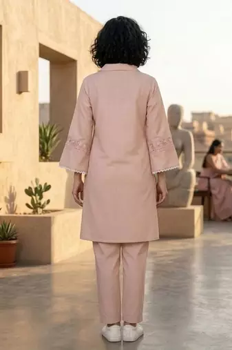 Peach-Coloured Floral Embroidered Shirt Collar Thread Work Kurta With Trousers