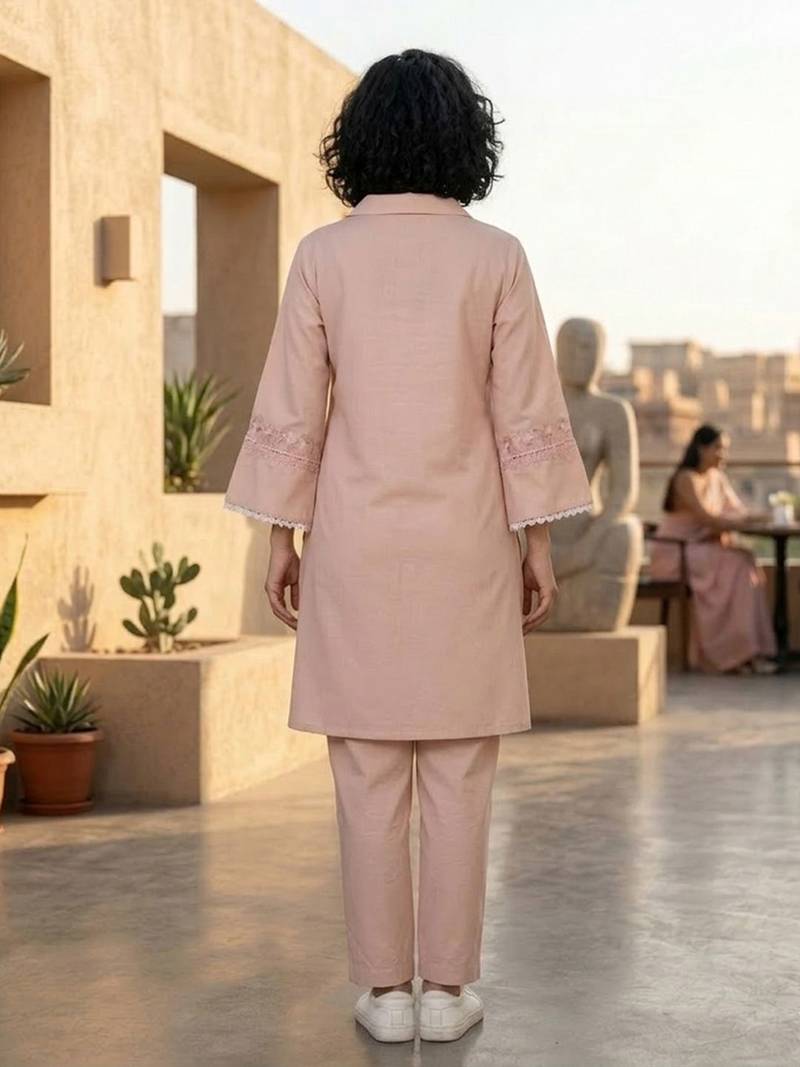 Peach-Coloured Floral Embroidered Shirt Collar Thread Work Kurta With Trousers