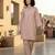 Peach-Coloured Floral Embroidered Shirt Collar Thread Work Kurta With Trousers