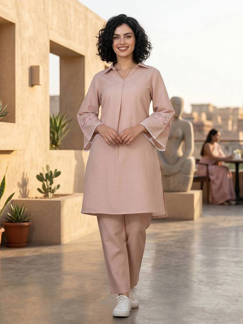 Peach-Coloured Floral Embroidered Shirt Collar Thread Work Kurta With Trousers
