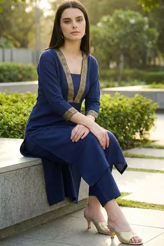 Women Regular Thread Work Kurta with Trousers