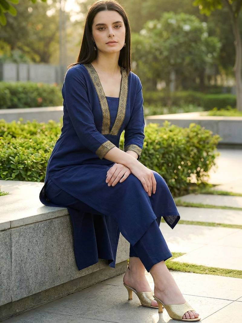 Women Regular Thread Work Kurta with Trousers