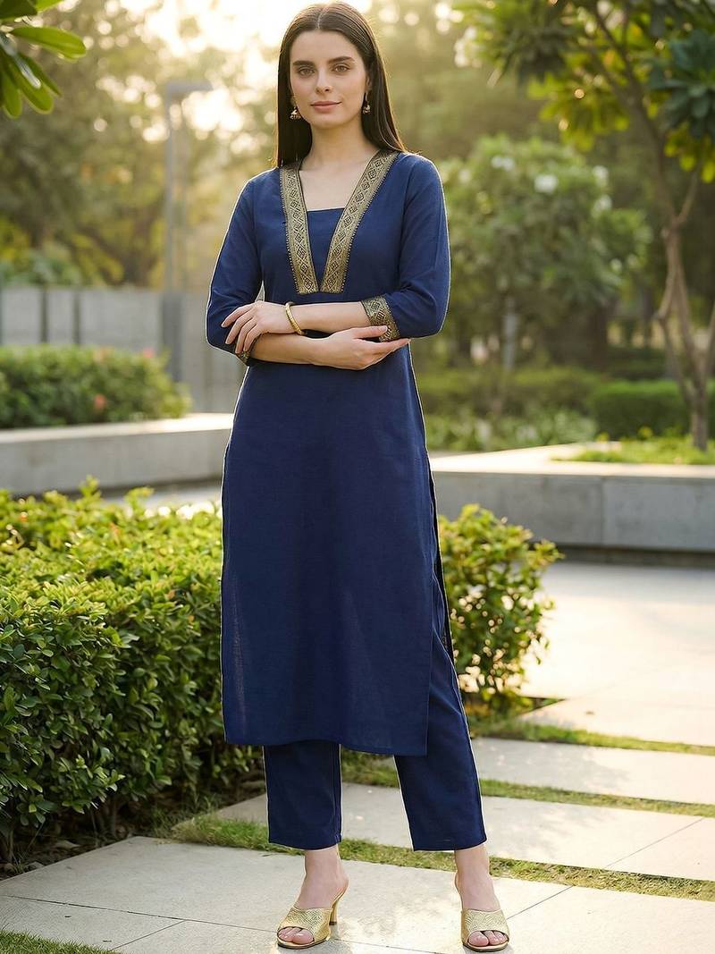 Women Regular Thread Work Kurta with Trousers
