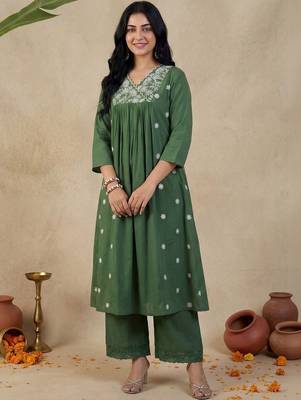 Green Embroidered A-line Kurta Palazzos Set 1