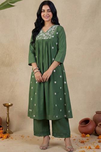 Green Embroidered A-line Kurta Palazzos Set