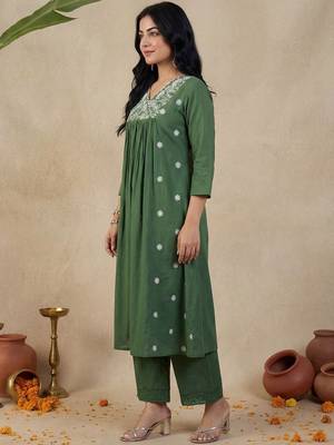 Green Embroidered A-line Kurta Palazzos Set 2