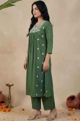 Green Embroidered A-line Kurta Palazzos Set