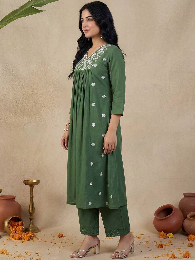 Green Embroidered A-line Kurta Palazzos Set