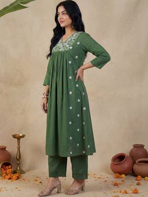 Green Embroidered A-line Kurta Palazzos Set 3