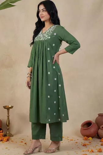 Green Embroidered A-line Kurta Palazzos Set