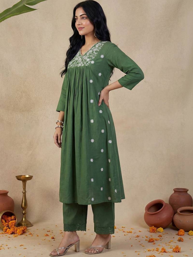 Green Embroidered A-line Kurta Palazzos Set