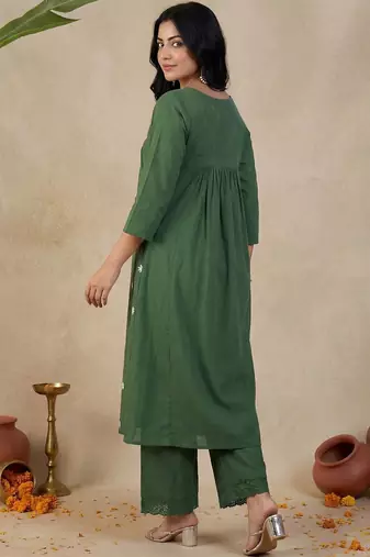Green Embroidered A-line Kurta Palazzos Set