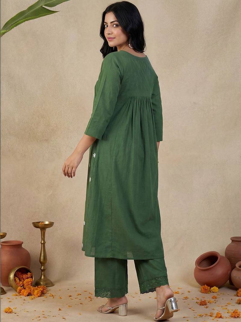 Green Embroidered A-line Kurta Palazzos Set