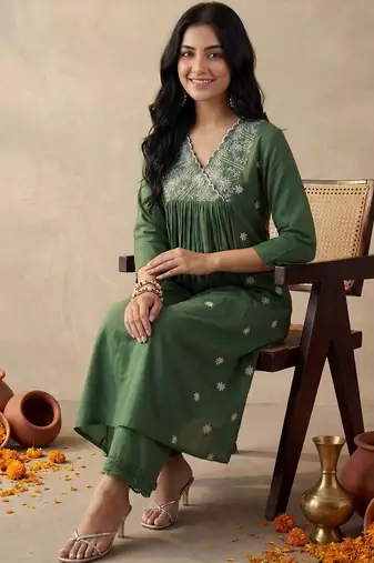 Green Embroidered A-line Kurta Palazzos Set