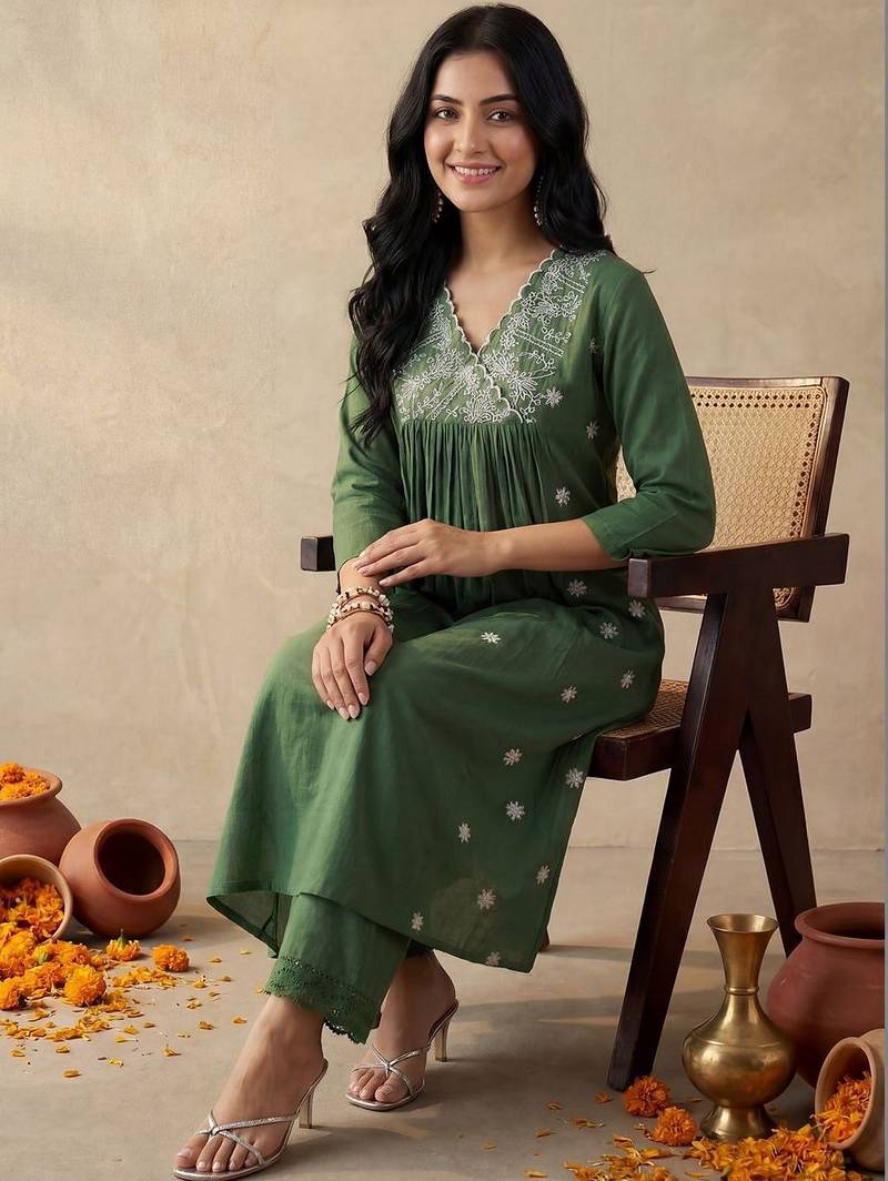 Green Embroidered A-line Kurta Palazzos Set