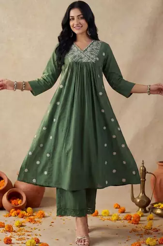 Green Embroidered A-line Kurta Palazzos Set
