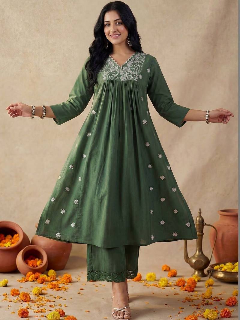 Green Embroidered A-line Kurta Palazzos Set