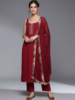 Women Regular Thread Work Silk Crepe Kurta with Trousers & With Dupatta 1