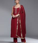 Women Regular Thread Work Silk Crepe Kurta with Trousers & With Dupatta