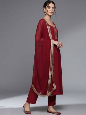Women Regular Thread Work Silk Crepe Kurta with Trousers & With Dupatta 3