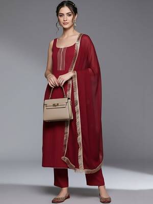 Women Regular Thread Work Silk Crepe Kurta with Trousers & With Dupatta 6
