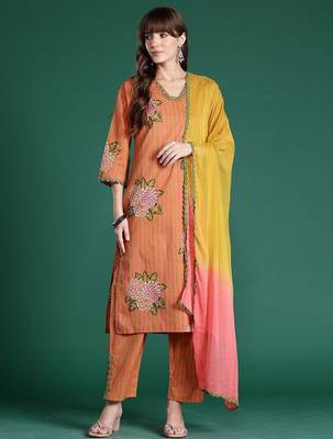 Striped Beads & Stones Pure Cotton Kurta With Trousers & Dupatta 1
