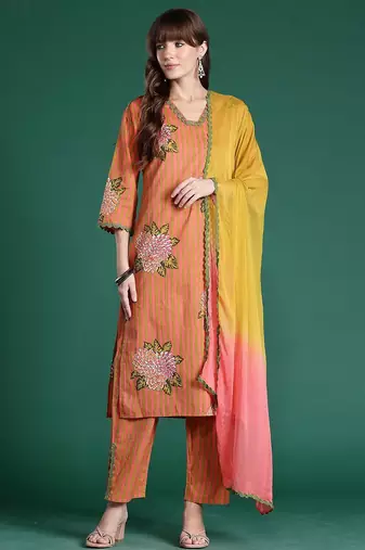 Striped Beads & Stones Pure Cotton Kurta With Trousers & Dupatta
