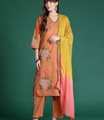 Striped Beads & Stones Pure Cotton Kurta With Trousers & Dupatta