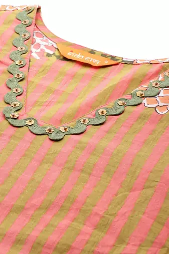 Striped Beads & Stones Pure Cotton Kurta With Trousers & Dupatta