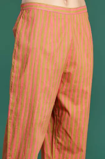 Striped Beads & Stones Pure Cotton Kurta With Trousers & Dupatta