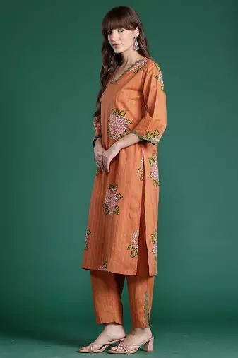 Striped Beads & Stones Pure Cotton Kurta With Trousers & Dupatta