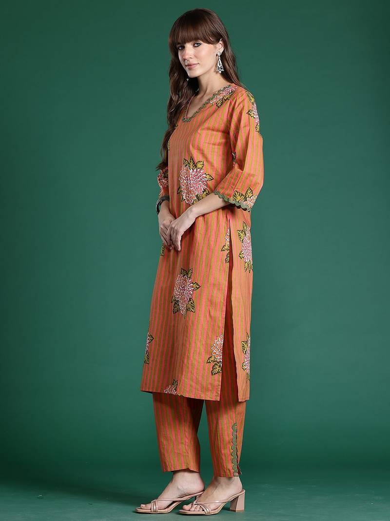 Striped Beads & Stones Pure Cotton Kurta With Trousers & Dupatta