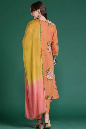 Striped Beads & Stones Pure Cotton Kurta With Trousers & Dupatta
