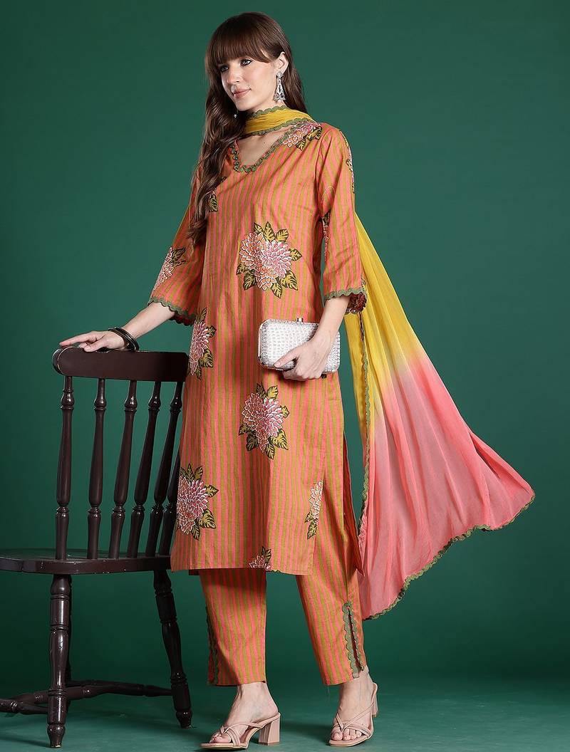 Striped Beads & Stones Pure Cotton Kurta With Trousers & Dupatta