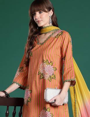 Striped Beads & Stones Pure Cotton Kurta With Trousers & Dupatta 9