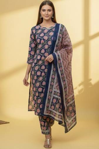 Women Floral Printed Regular Kurta with Trousers & With Dupatta