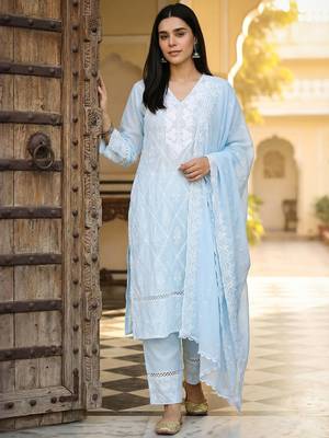 Women Ethnic Motifs Embroidered Regular Chikankari Pure Cotton Kurta with Trousers & With Dupatta 1