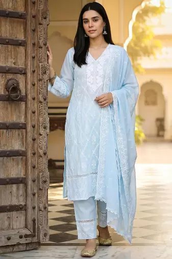 Women Ethnic Motifs Embroidered Regular Chikankari Pure Cotton Kurta with Trousers & With Dupatta