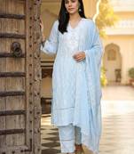 Women Ethnic Motifs Embroidered Regular Chikankari Pure Cotton Kurta with Trousers & With Dupatta