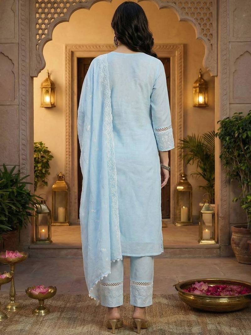 Women Ethnic Motifs Embroidered Regular Chikankari Pure Cotton Kurta with Trousers & With Dupatta
